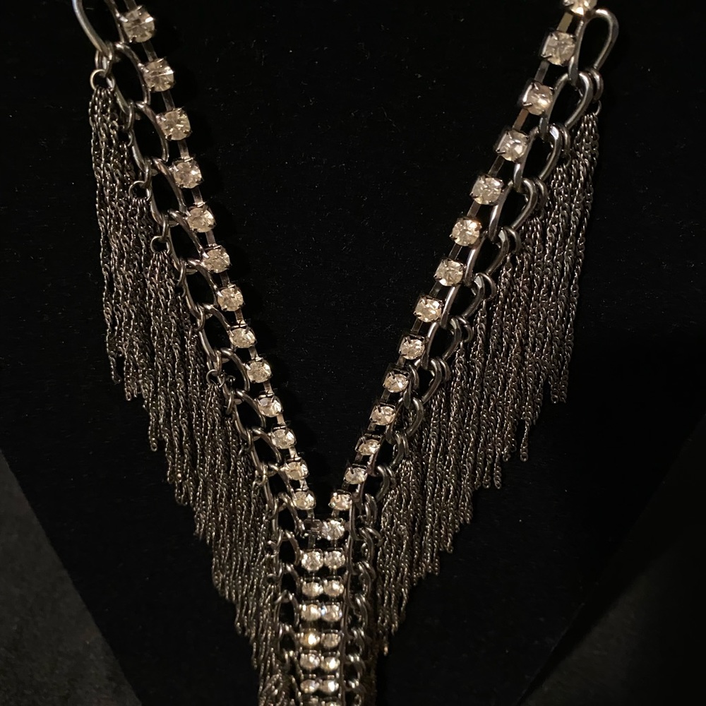 Rhinestone Silver Necktie Necklace 20” Neck.